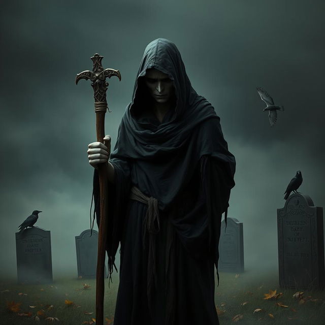 A personification of the Grim Reaper depicted as a sad figure, standing in a misty graveyard