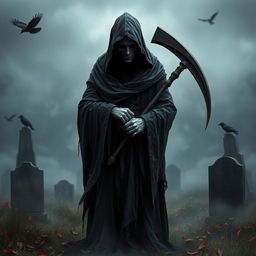 A personification of the Grim Reaper depicted as a sad figure, standing in a misty graveyard