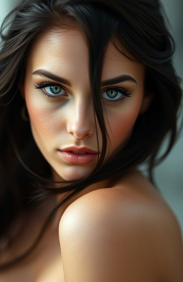 A portrait of a feminine figure with striking green eyes, featuring dark flowing hair and an elegant, pretty face