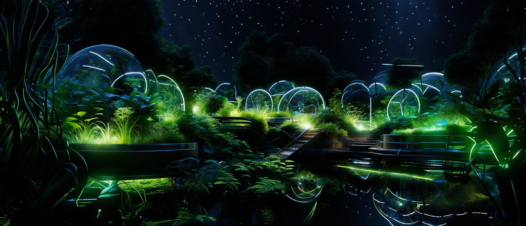 A floating oasis of transparent glass in an ethereal void, featuring futuristic techno-organic structures and foliage