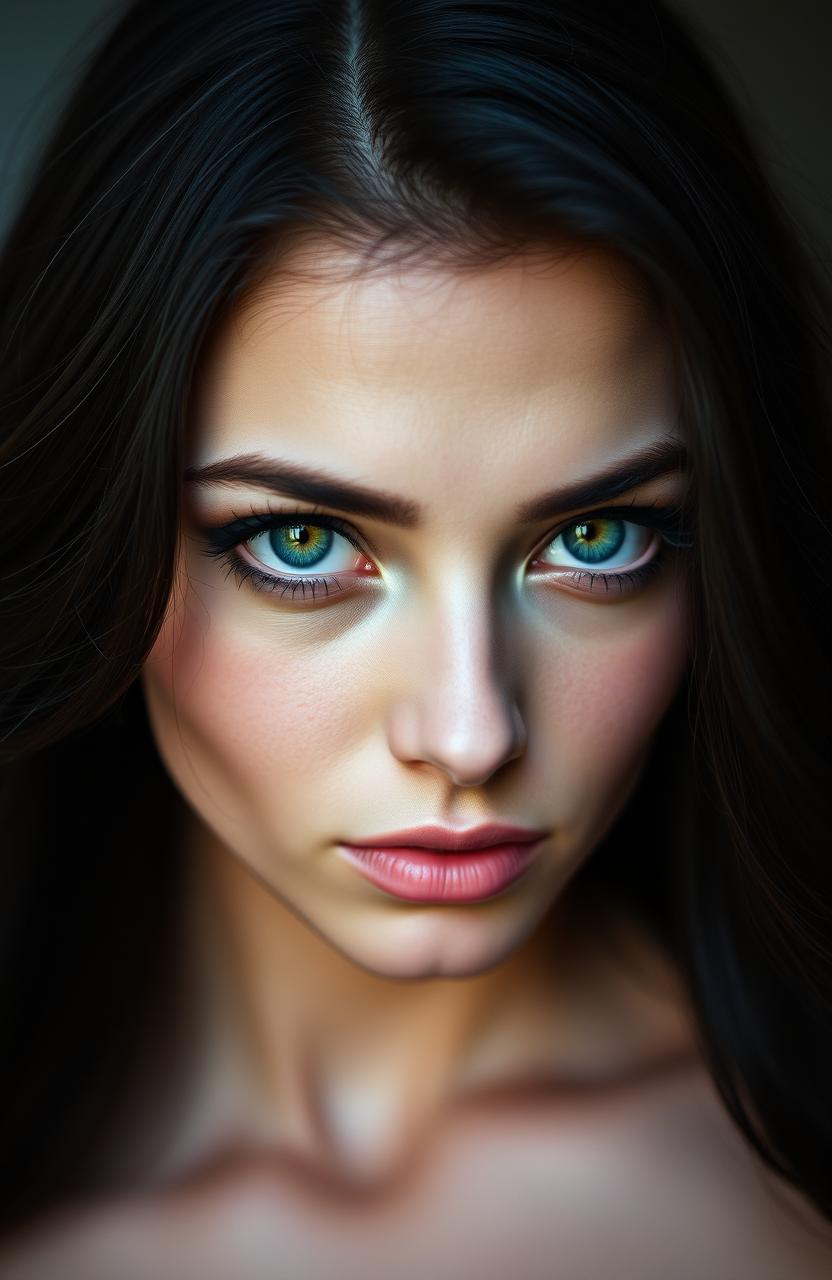 A portrait of a feminine figure with striking green eyes, featuring dark flowing hair and an elegant, pretty face