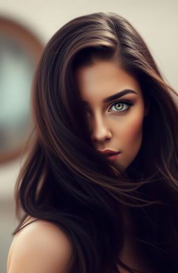 A portrait of a feminine figure with striking green eyes, featuring dark flowing hair and an elegant, pretty face