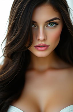 A portrait of a feminine figure with striking green eyes, featuring dark flowing hair and an elegant, pretty face