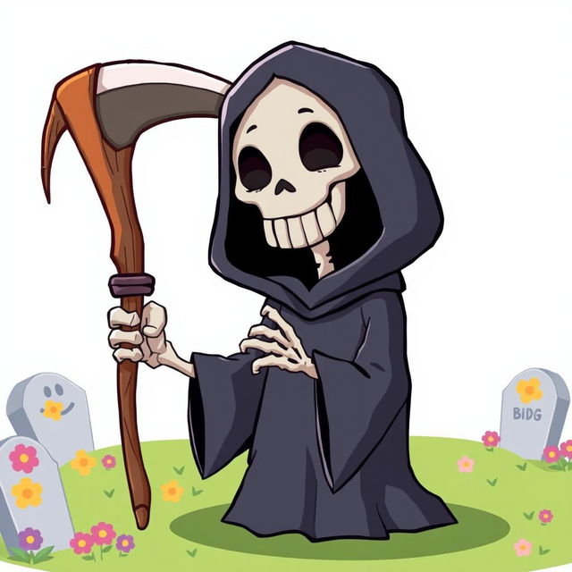A cartoon depiction of the Grim Reaper, featuring a playful and whimsical design