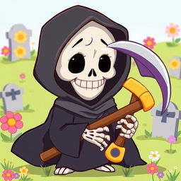A cartoon depiction of the Grim Reaper, featuring a playful and whimsical design