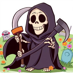 A cartoon depiction of the Grim Reaper, featuring a playful and whimsical design