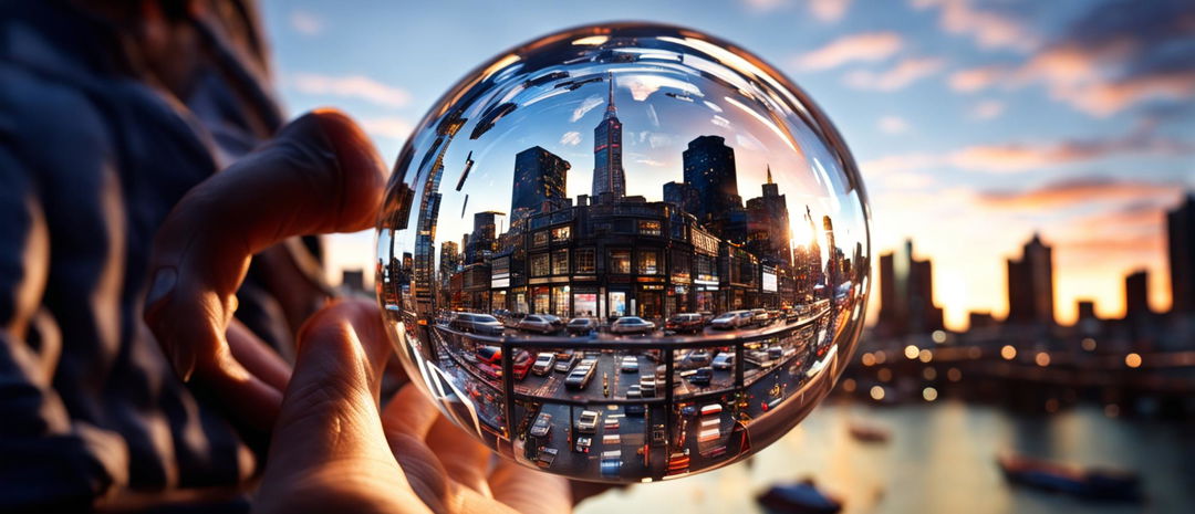 A floating transparent glass sphere containing a miniature city with people going about their daily lives, captured in cinematic photography