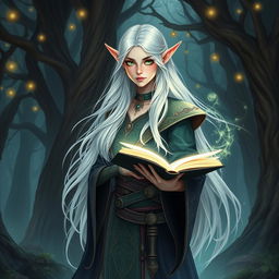 A beautiful female elf wizard with long flowing white hair and stunning emerald green eyes, dressed in an ornate robe adorned with arcane symbols