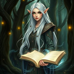 A beautiful female elf wizard with long flowing white hair and stunning emerald green eyes, dressed in an ornate robe adorned with arcane symbols