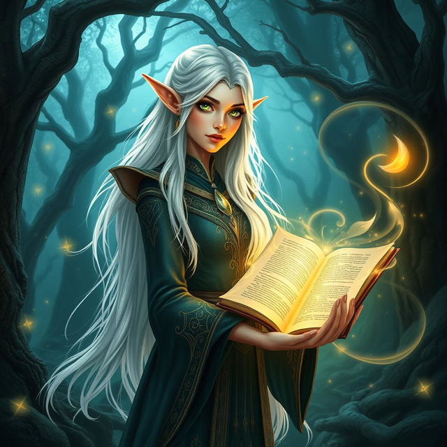 A beautiful female elf wizard with long flowing white hair and stunning emerald green eyes, dressed in an ornate robe adorned with arcane symbols