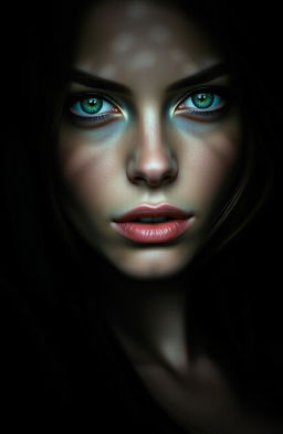 A stunning portrait of a female figure with captivating green eyes that seem to shatter the darkness around her