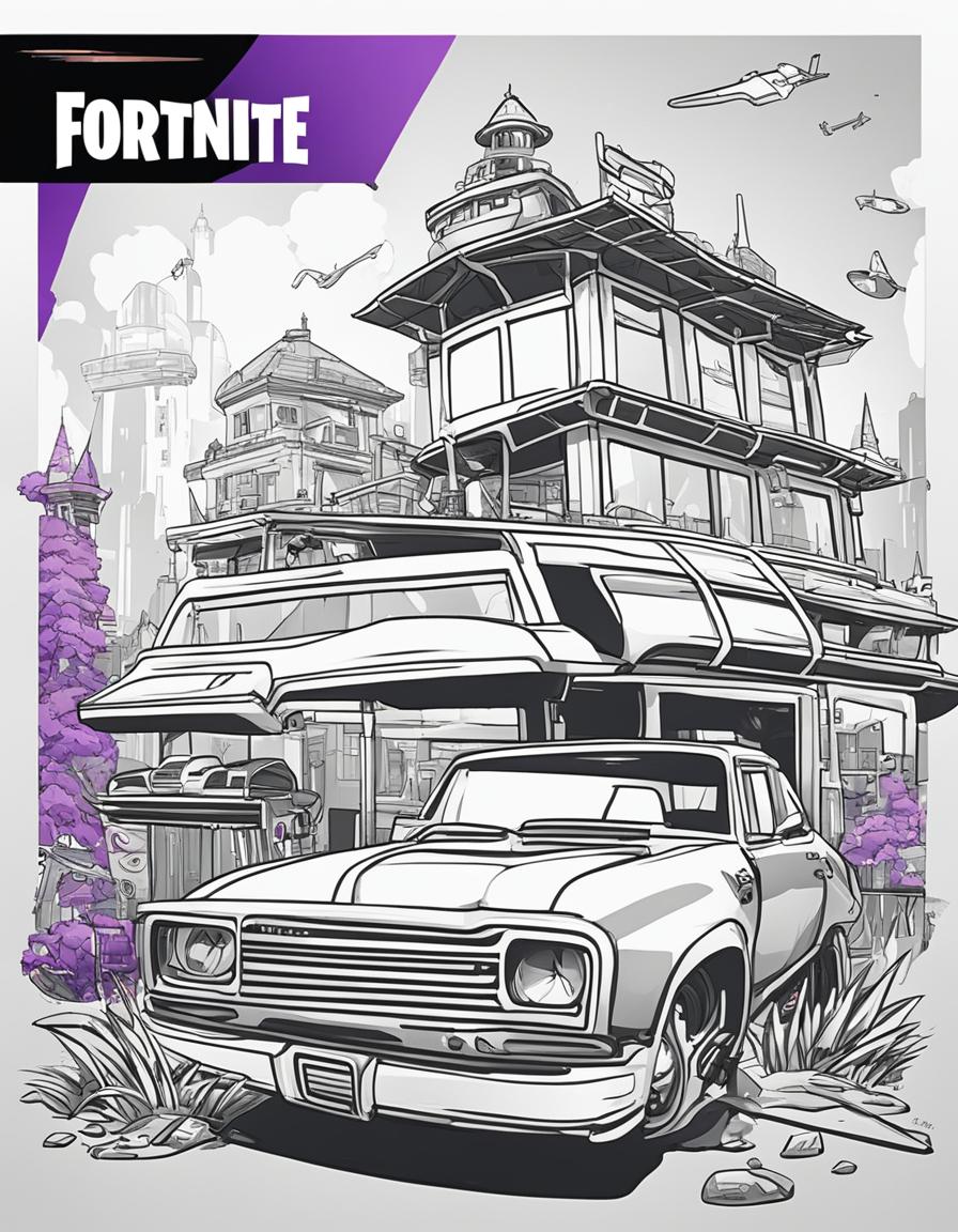 Fortnite-themed colouring sheet featuring an intricate outline of Tilted Towers, abandoned cars, loot crates, and the floating Battle Bus