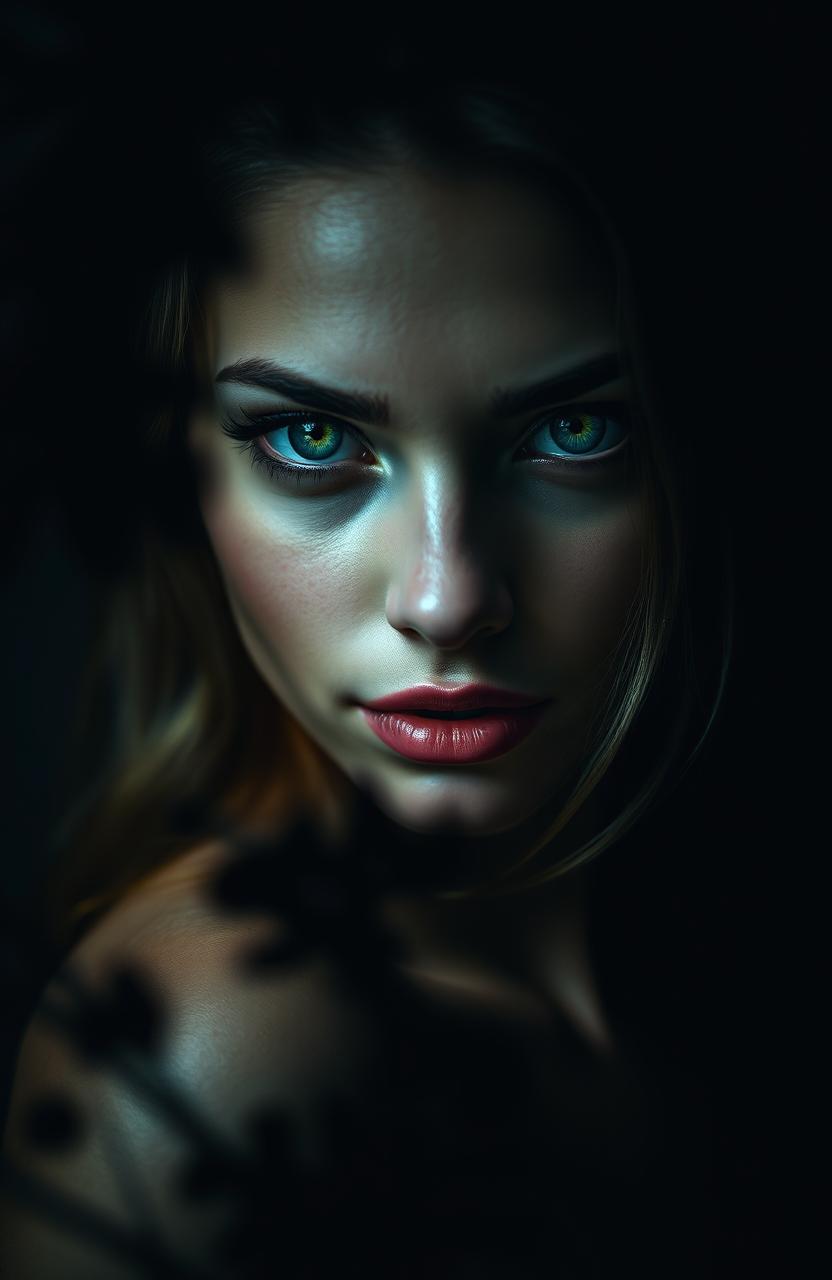 A stunning portrait of a female figure with captivating green eyes that seem to shatter the darkness around her