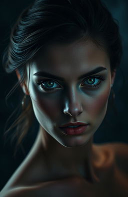 A stunning portrait of a female figure with captivating green eyes that seem to shatter the darkness around her