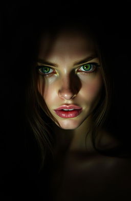 A stunning portrait of a female figure with captivating green eyes that seem to shatter the darkness around her
