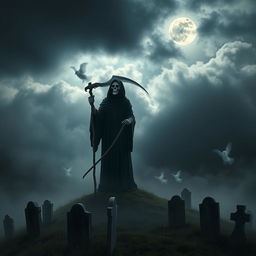 A mysterious and ethereal scene featuring the Grim Reaper, depicted as a tall, cloaked figure with a skeletal face, holding a traditional scythe