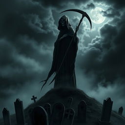 A mysterious and ethereal scene featuring the Grim Reaper, depicted as a tall, cloaked figure with a skeletal face, holding a traditional scythe