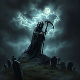 A mysterious and ethereal scene featuring the Grim Reaper, depicted as a tall, cloaked figure with a skeletal face, holding a traditional scythe