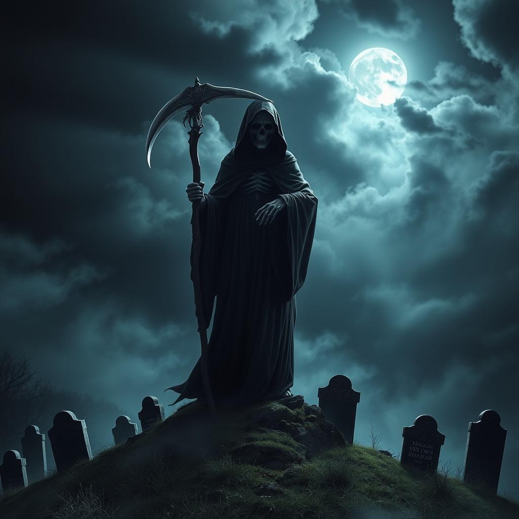 A mysterious and ethereal scene featuring the Grim Reaper, depicted as a tall, cloaked figure with a skeletal face, holding a traditional scythe