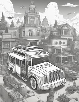 Fortnite-themed colouring sheet featuring an intricate outline of Tilted Towers, abandoned cars, loot crates, and the floating Battle Bus