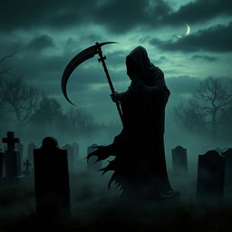 A dark, haunting figure representing the Grim Reaper, cloaked in a flowing black robe, wielding a large, ominous scythe