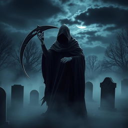A dark, haunting figure representing the Grim Reaper, cloaked in a flowing black robe, wielding a large, ominous scythe