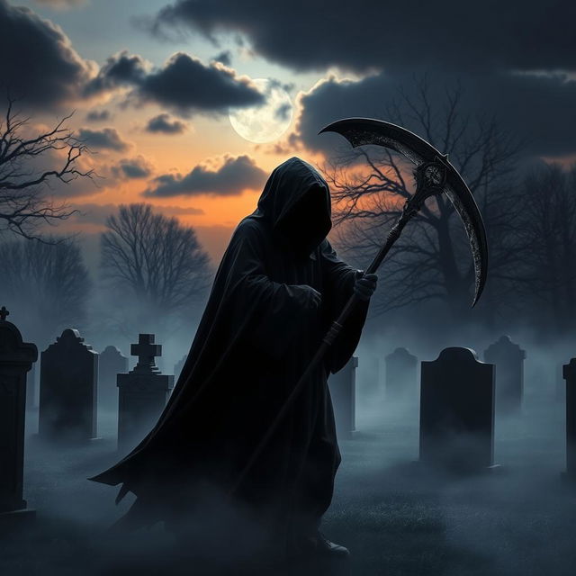 A dark, haunting figure representing the Grim Reaper, cloaked in a flowing black robe, wielding a large, ominous scythe