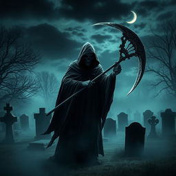 A dark, haunting figure representing the Grim Reaper, cloaked in a flowing black robe, wielding a large, ominous scythe