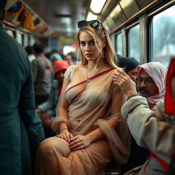 A sad beautiful busty blonde female dressed in a transparent saree, paired with a blouse and petticoat