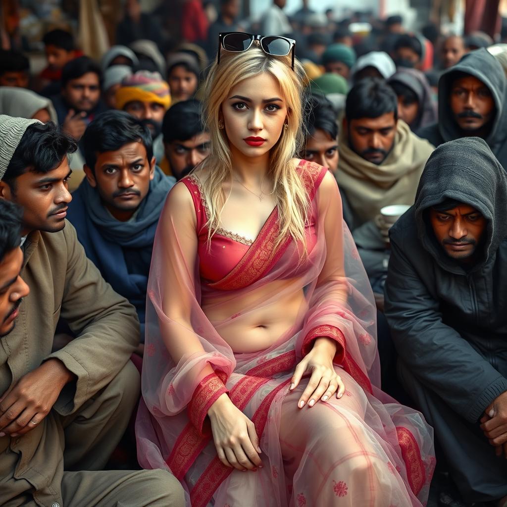 A sad beautiful busty blonde female dressed in a transparent colorful saree over a blouse and petticoat, with stylish sunglasses on her head