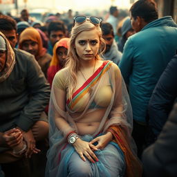 A sad beautiful busty blonde female dressed in a transparent colorful saree over a blouse and petticoat, with stylish sunglasses on her head