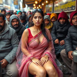 A sad beautiful busty Arab female dressed in a transparent colorful saree over a blouse and petticoat, accessorized with stylish sunglasses perched on her head