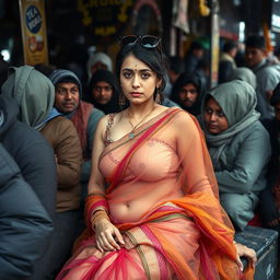 A sad beautiful busty Arab female dressed in a transparent colorful saree over a blouse and petticoat, accessorized with stylish sunglasses perched on her head