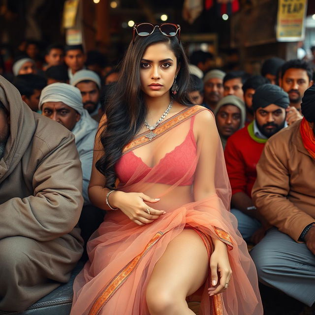 A sad beautiful busty Arab female dressed in a transparent colorful saree over a blouse and petticoat, accessorized with stylish sunglasses perched on her head