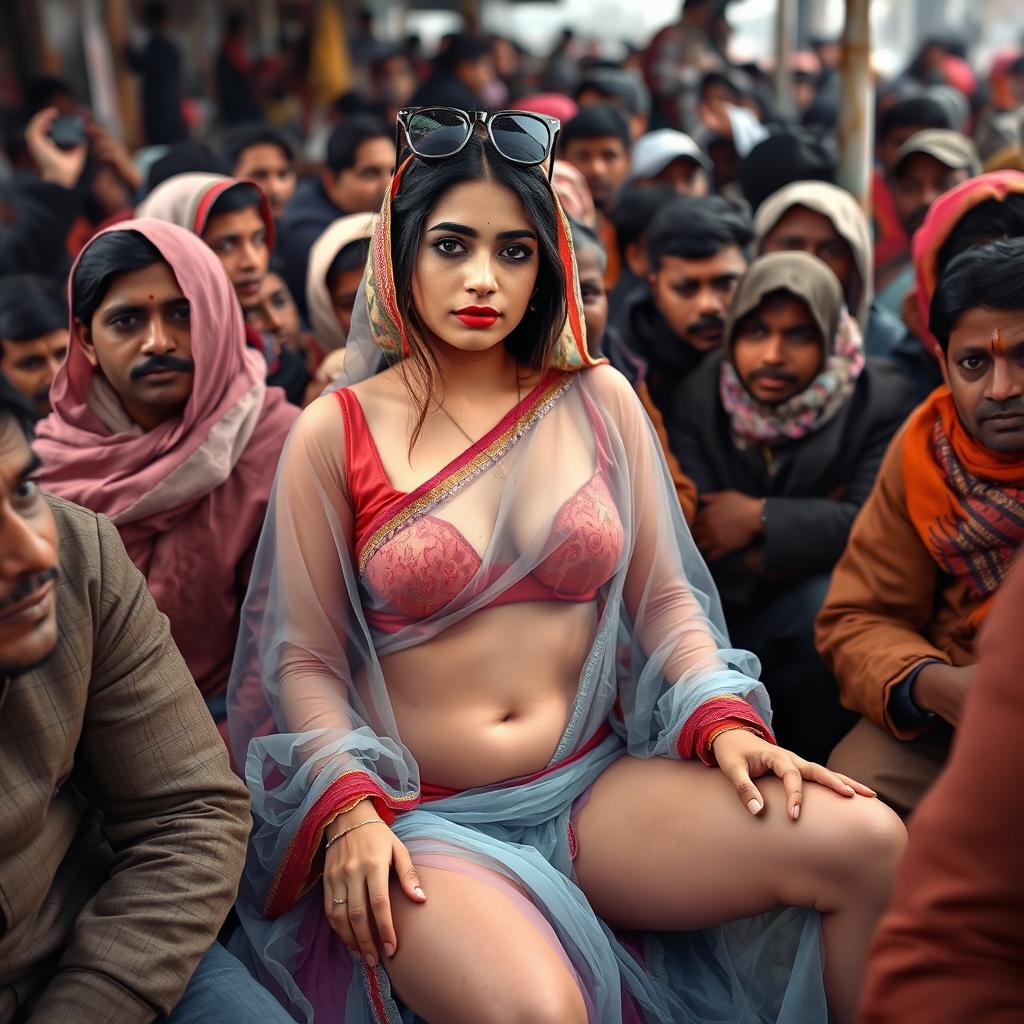 A sad beautiful busty Arab female dressed in a transparent colorful saree over a blouse and petticoat, accessorized with stylish sunglasses perched on her head