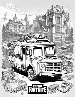 Fortnite-themed colouring sheet featuring an intricate outline of Tilted Towers, abandoned cars, loot crates, and the floating Battle Bus