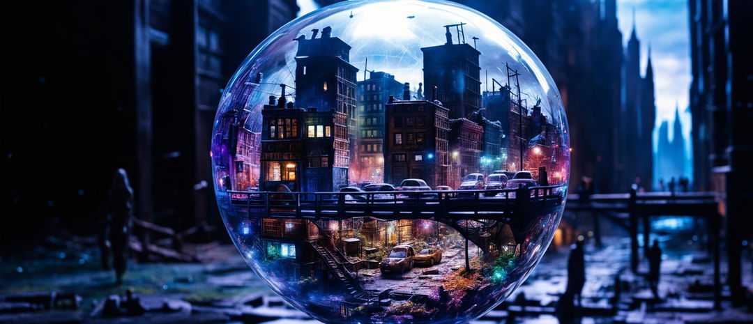 A floating transparent glass sphere containing a hauntingly beautiful and ominous miniature city with spectral figures going about their ethereal lives, captured in cinematic photography