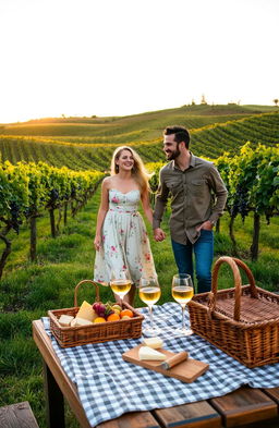 A charming romantic comedy scene set in a picturesque vineyard during sunset