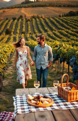 A charming romantic comedy scene set in a picturesque vineyard during sunset