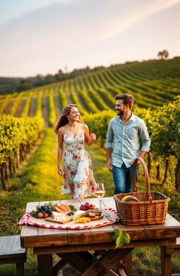 A charming romantic comedy scene set in a picturesque vineyard during sunset
