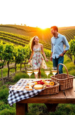A charming romantic comedy scene set in a picturesque vineyard during sunset