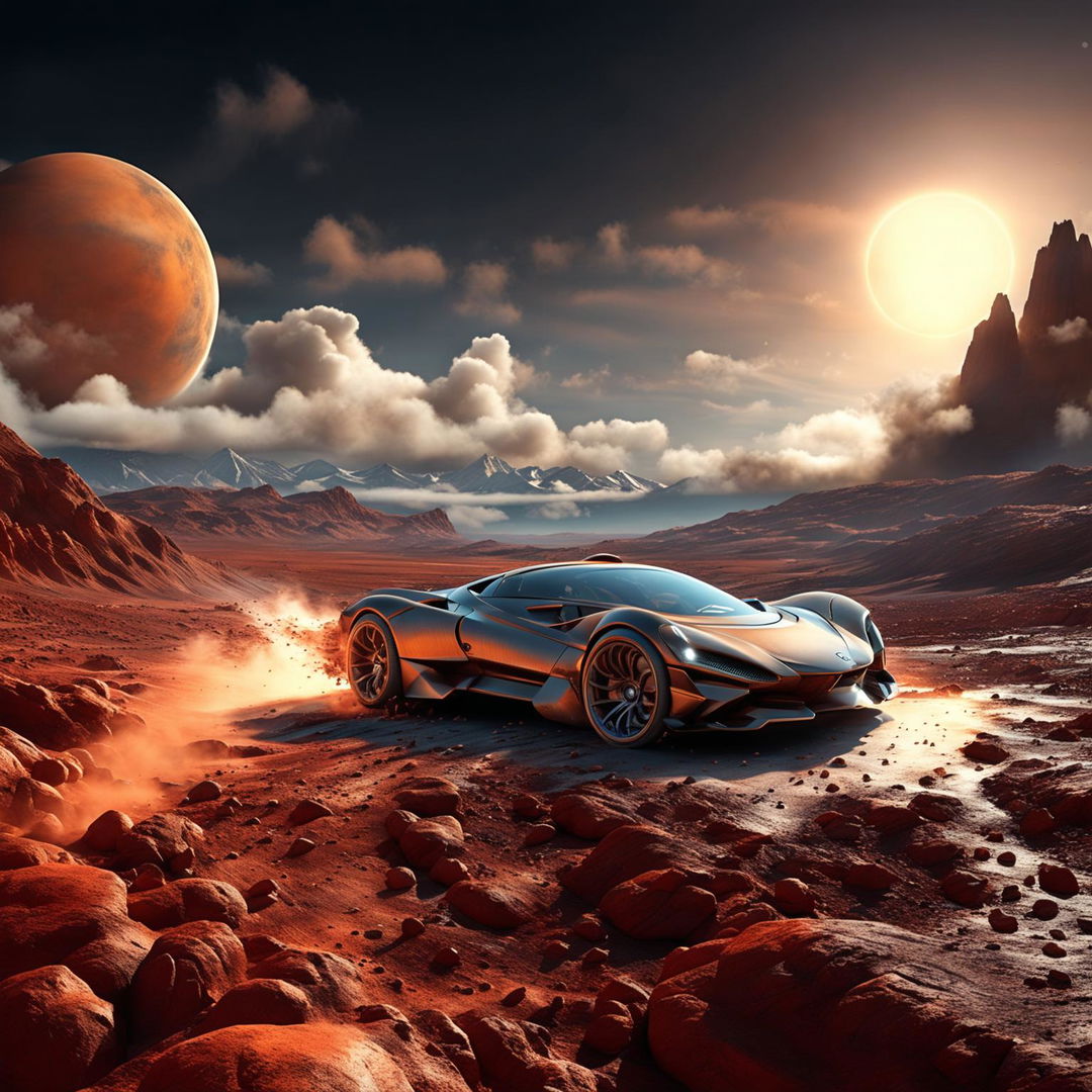 A futuristic supercar speeding across Mars' landscape under a small sun on the horizon.