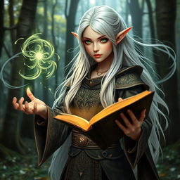 A female elf wizard with long flowing white hair and striking emerald green eyes, casting a powerful spell