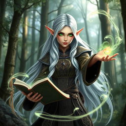 A female elf wizard with long flowing white hair and striking emerald green eyes, casting a powerful spell