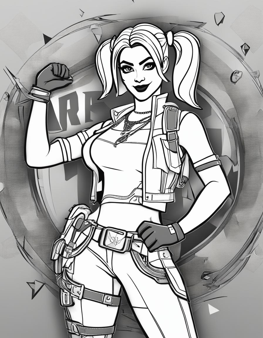 Fortnite-themed colouring sheet featuring an intricate outline of Harley Quinn with her signature outfit and accessories.