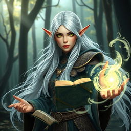 A female elf wizard with long flowing white hair and striking emerald green eyes, casting a powerful spell