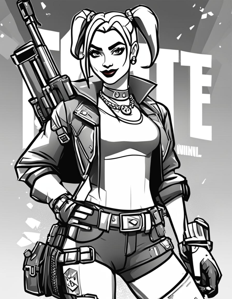 Fortnite-themed colouring sheet featuring an intricate outline of Harley Quinn with her signature outfit and accessories.