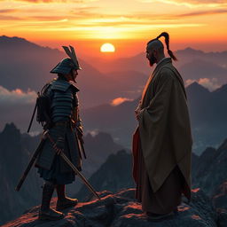 Two samurai standing on top of a majestic mountain, engaged in a discussion about their next destination