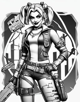 Fortnite-themed colouring sheet featuring an intricate outline of Harley Quinn with her signature outfit and accessories.