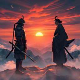 Two samurai standing on top of a majestic mountain, engaged in a discussion about their next destination